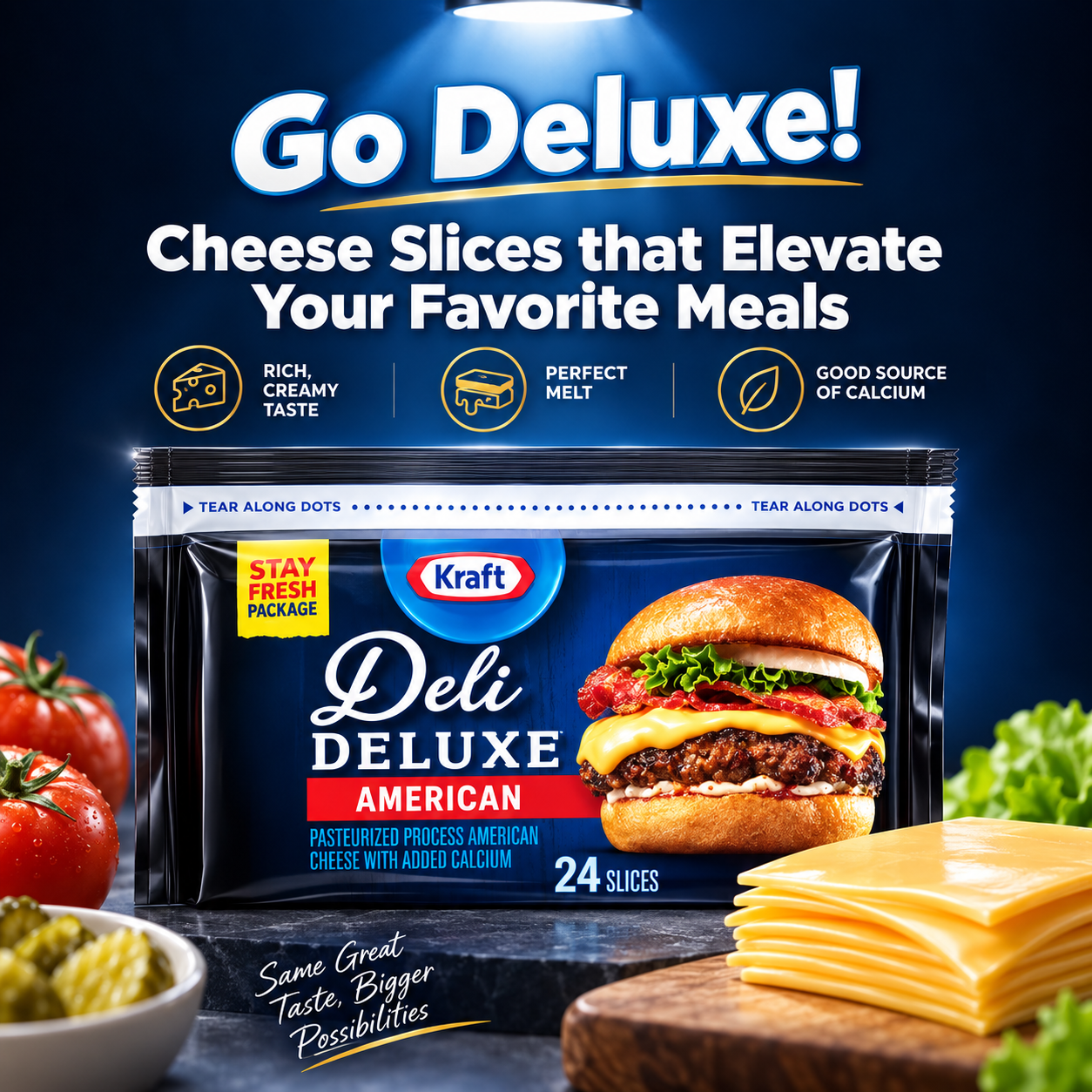 Kraft Deli Deluxe American Cheese Slices, 16 oz, 24 Slices, Pack of 3
