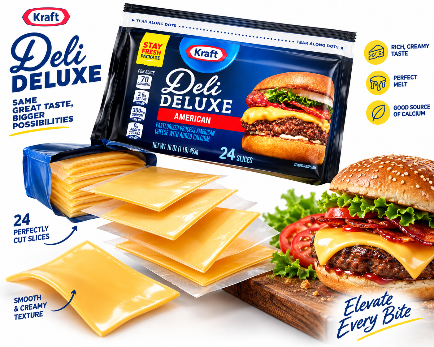 Kraft Deli Deluxe American Cheese Slices, 16 oz, 24 Slices, Pack of 3