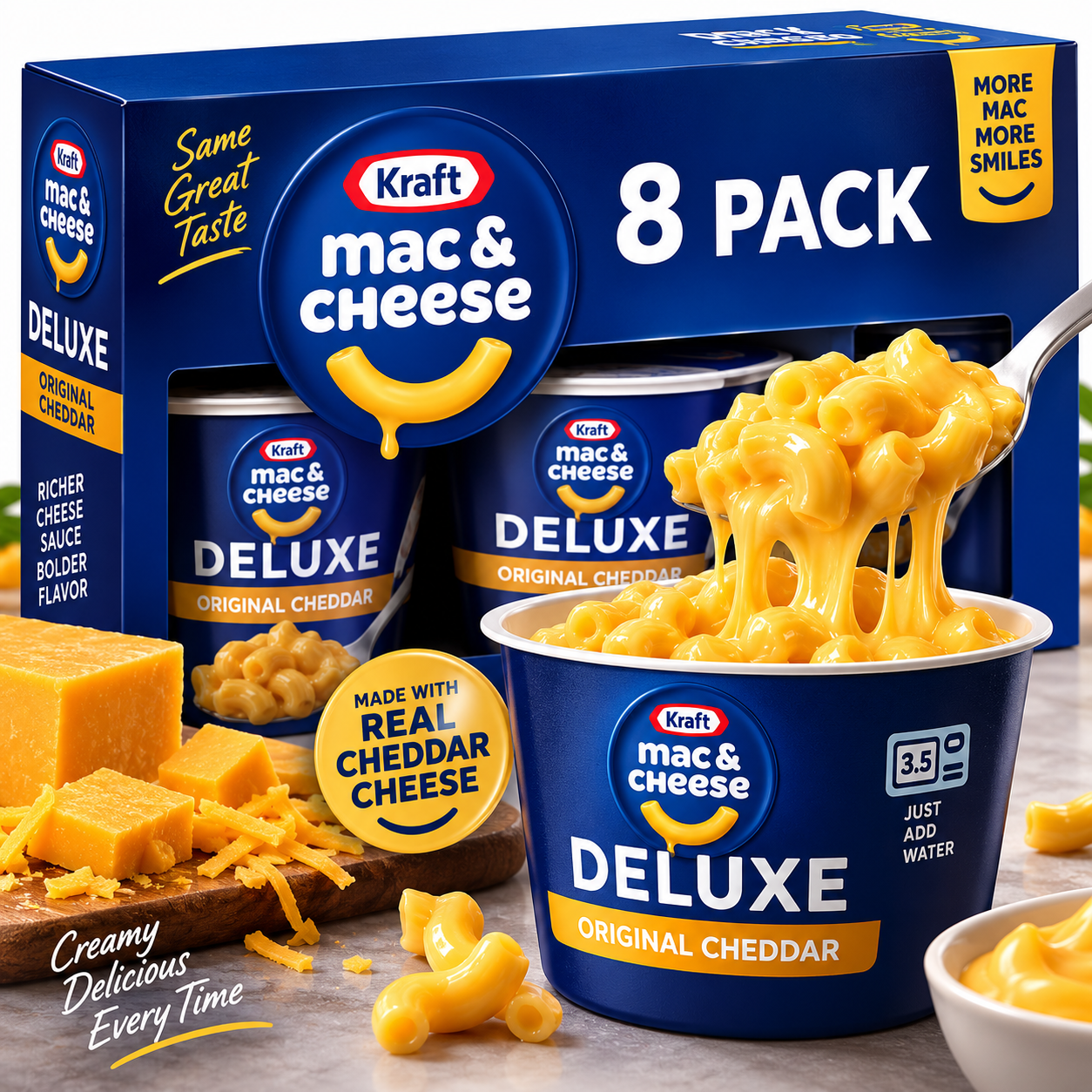 Kraft Deluxe Mac & Cheese Cups, Original, 2.39 oz, 8 Cups, Pack of 3