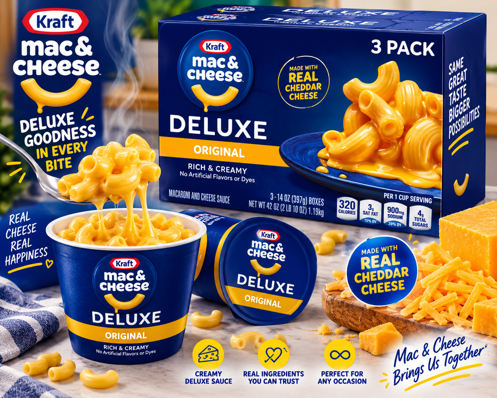 Kraft Deluxe Mac & Cheese Original Cheddar, 14 oz, 3 Pack/Box, (3 Boxes)