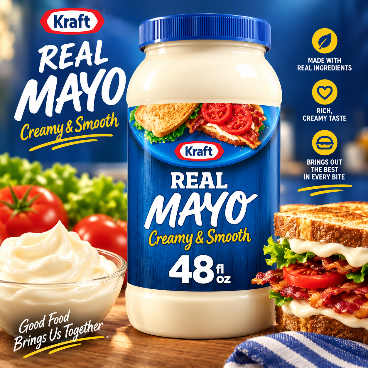 Kraft Real Mayo Creamy & Smooth Mayonnaise, 48 fl oz Jar, Pack of 3