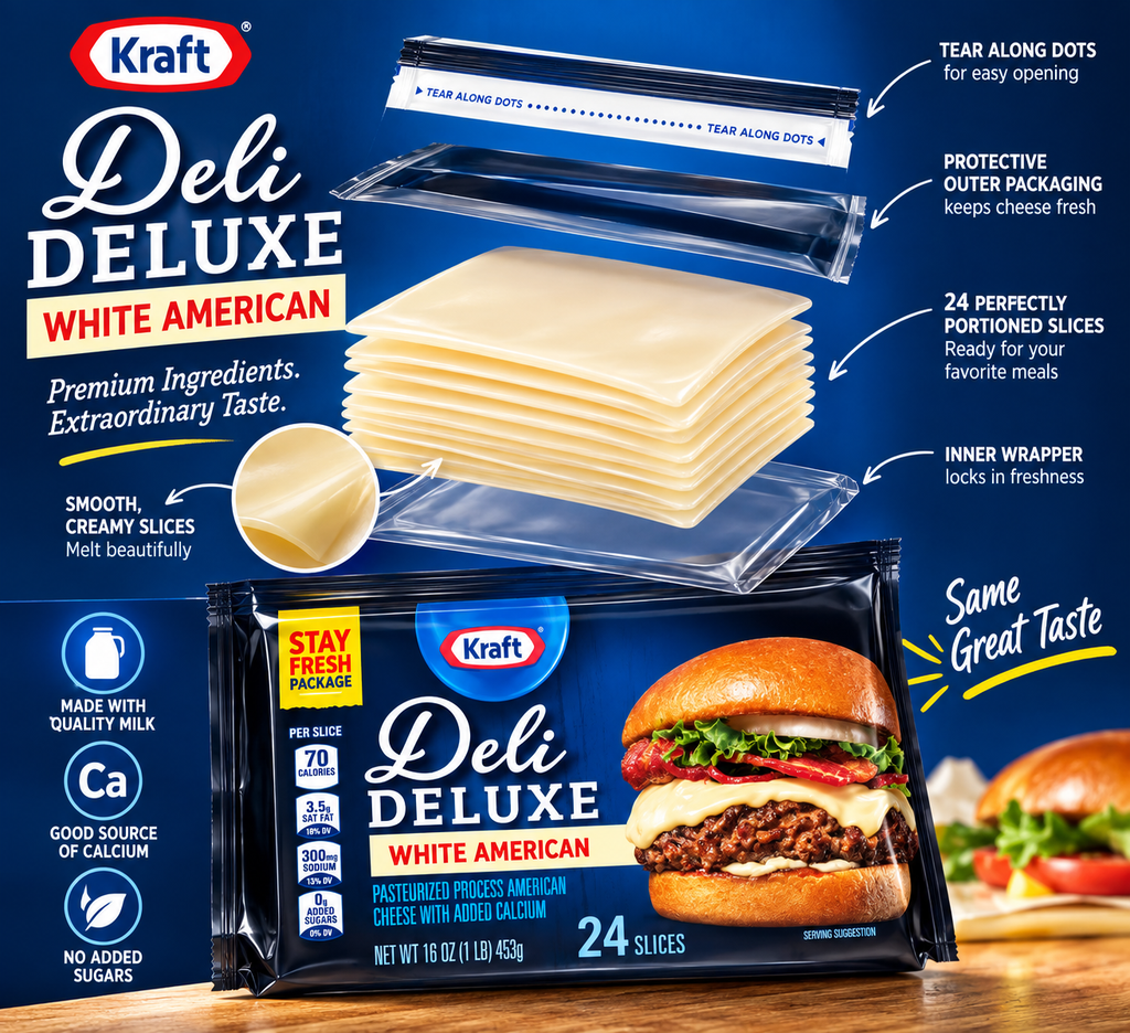 Kraft Deli Deluxe White American Cheese Slices, 16 oz Pack, 24 Slices, Pack of 3