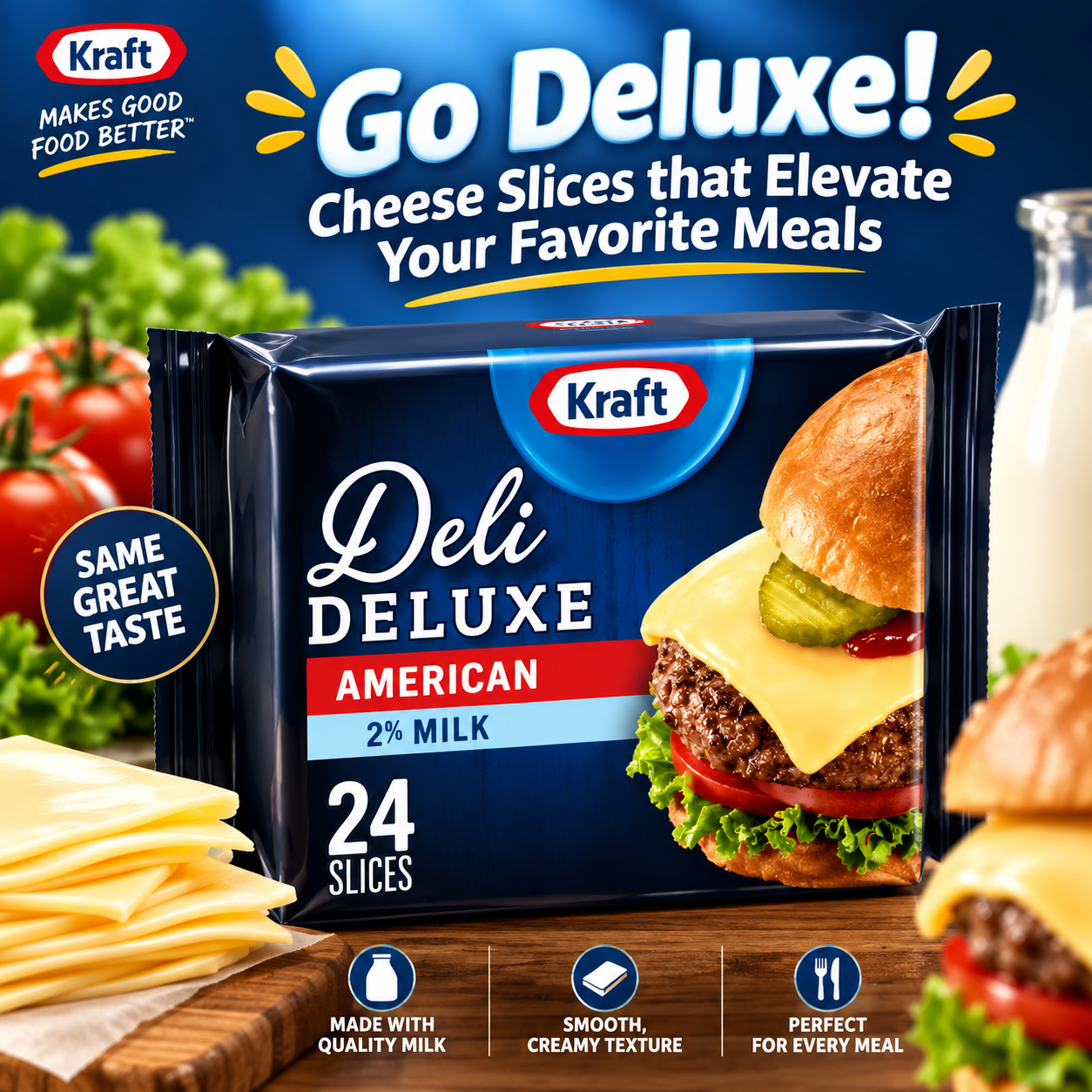 Kraft Deli Deluxe 2% Milk American Cheese Slices, 16 oz Pack, 24 Slices, Pack of 3