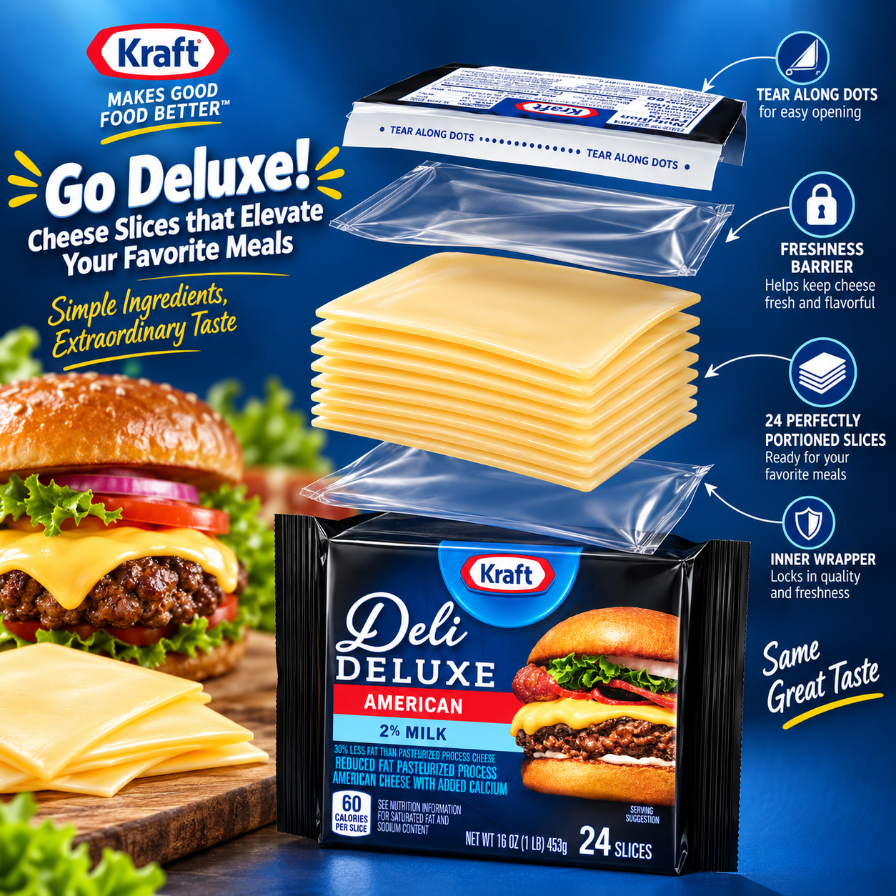 Kraft Deli Deluxe 2% Milk American Cheese Slices, 16 oz Pack, 24 Slices, Pack of 3