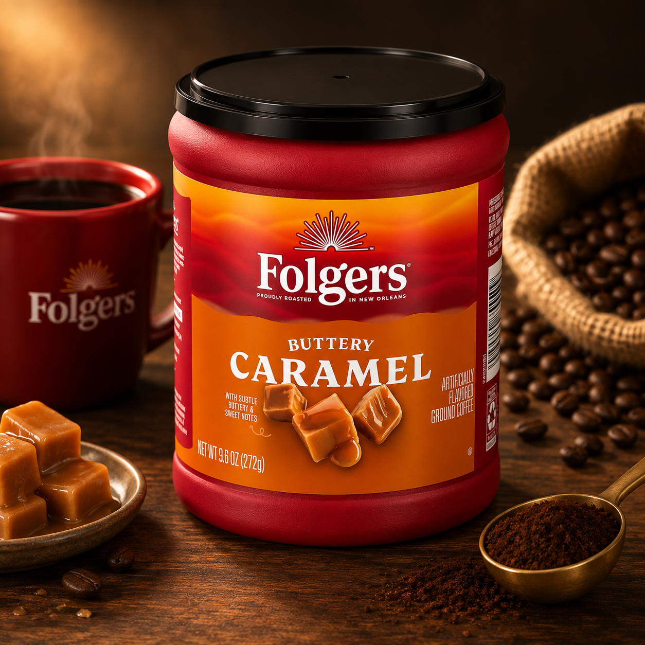 Folgers Buttery Caramel Artificially Flavoured Medium Roast Ground Coffee, 9.6 oz, 3-Pack
