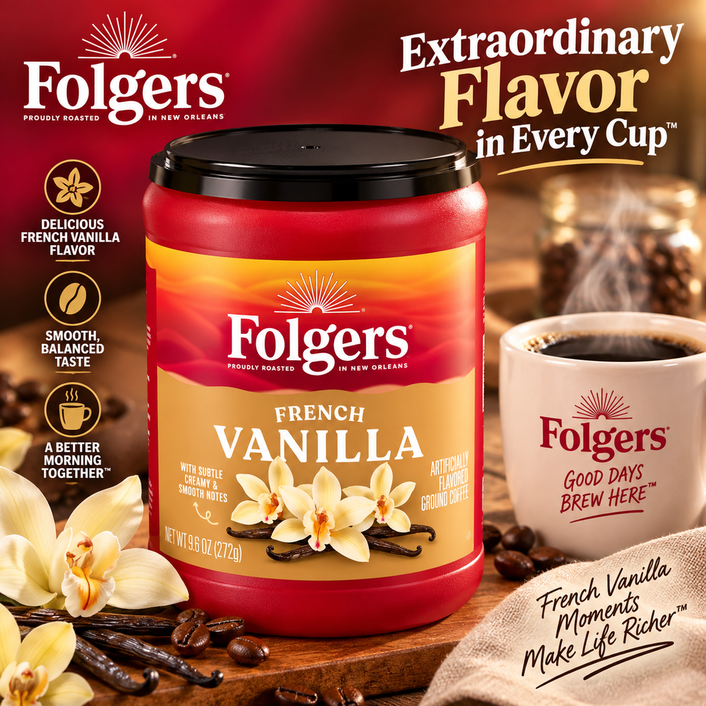 Folgers French Vanilla Medium Roast Ground Coffee, 9.6 oz, 3-Pack