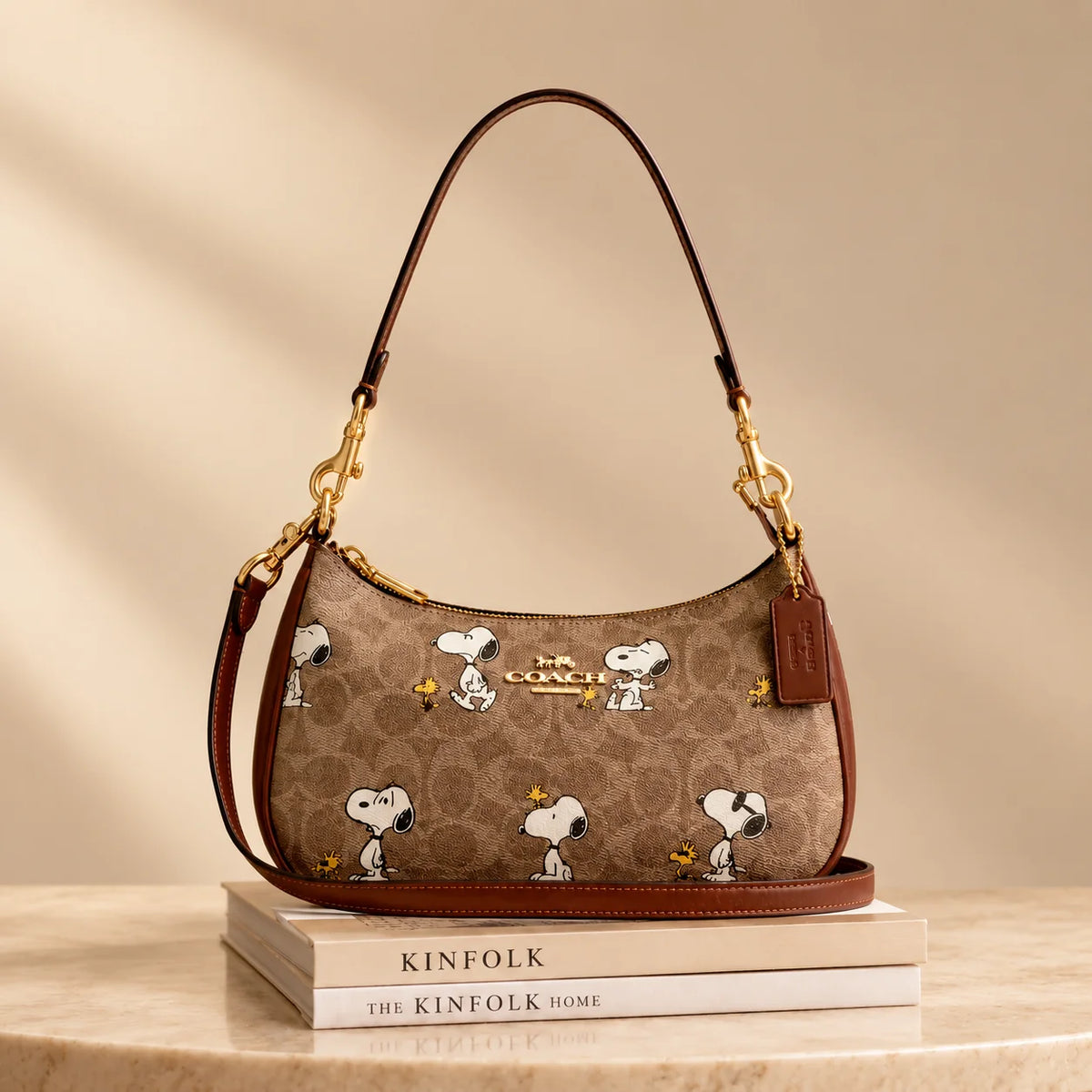 Coach x Peanuts Teri Shoulder Bag CBJ88 Tan Brown Snoopy Signature Canvas