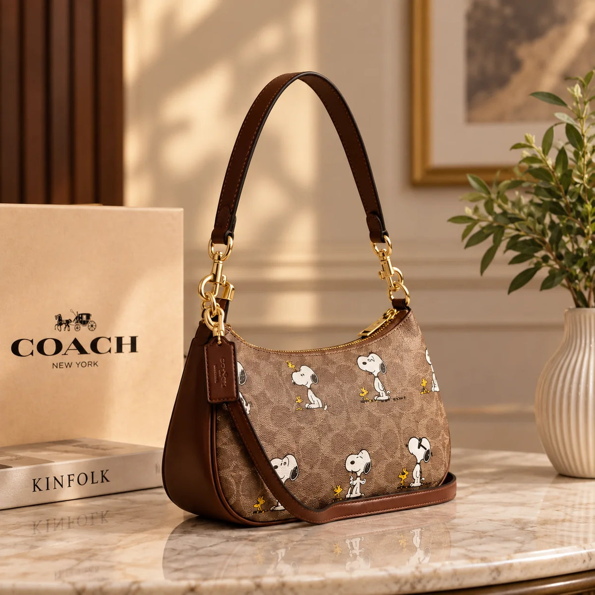 Coach x Peanuts Teri Shoulder Bag CBJ88 Tan Brown Snoopy Signature Canvas
