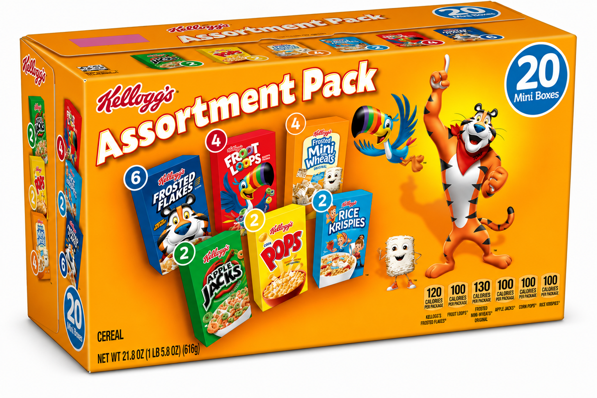 Kellogg's Assortment Pack Variety Breakfast Cereal, 21.8 oz, 20 Count, Pack of 3