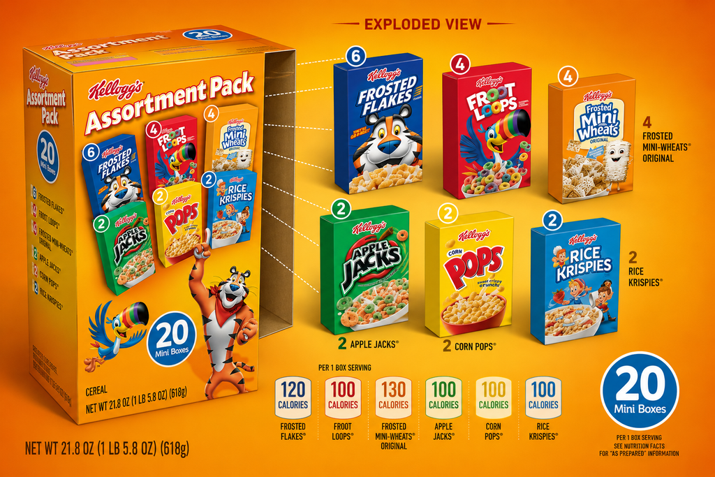Kellogg's Assortment Pack Variety Breakfast Cereal, 21.8 oz, 20 Count, Pack of 3