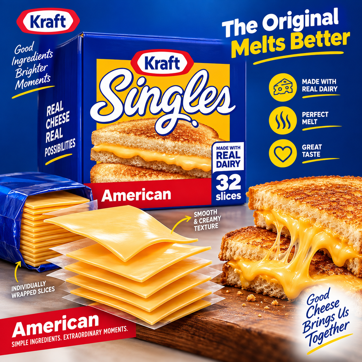 Kraft Singles American Slices Twin Pack, 32 Count Pack, Pack of 3