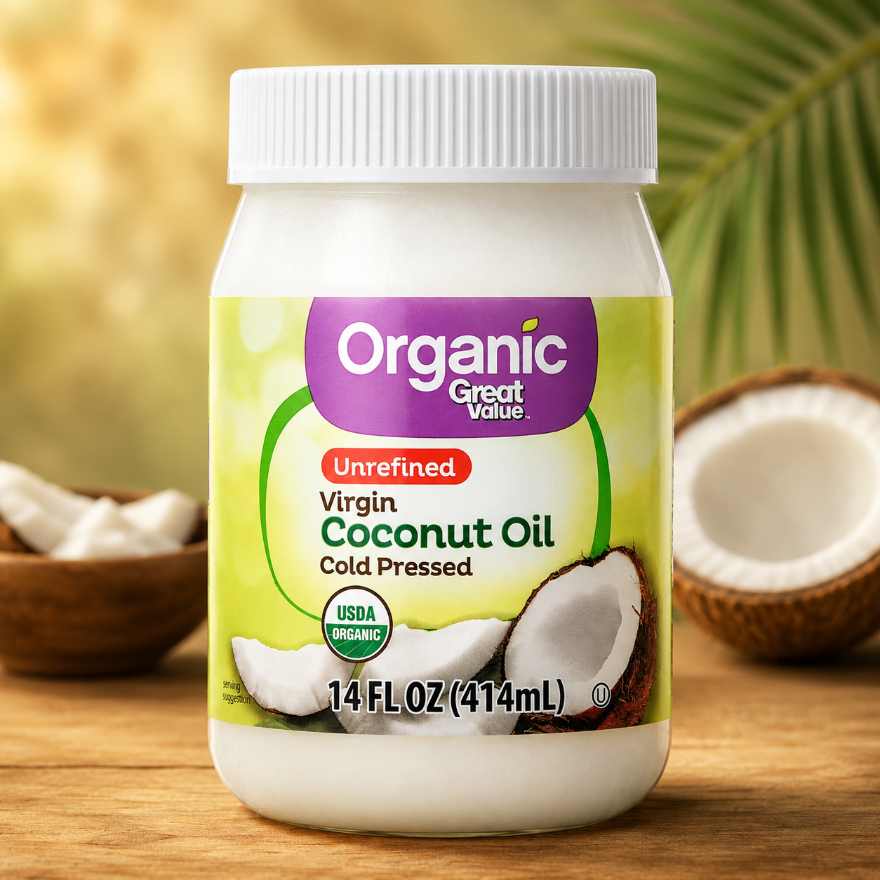 Great Value Organic Unrefined Virgin Coconut Oil, 14 fl oz, Pack of 3
