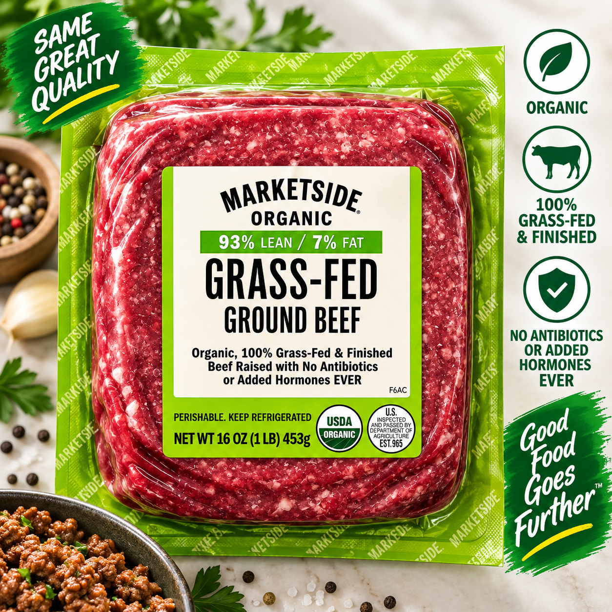 Marketside Organic Grass-Fed Ground Beef, 93% Lean/7% Fat, 1 lb, 3-Pack