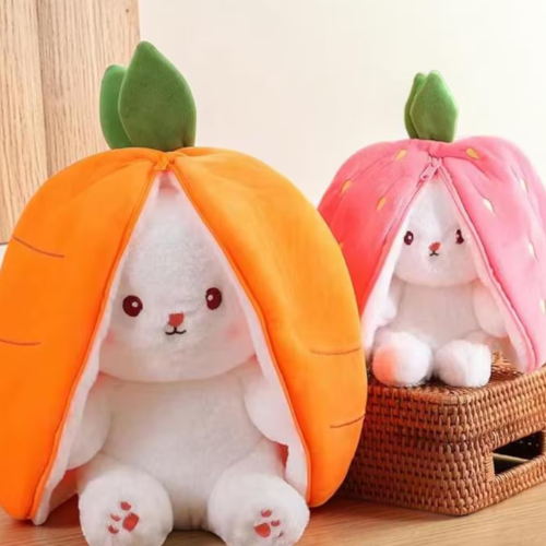 Reversible Strawberry Bunny, Double Sided Carrot Plushie, Soft Stuffed Animal