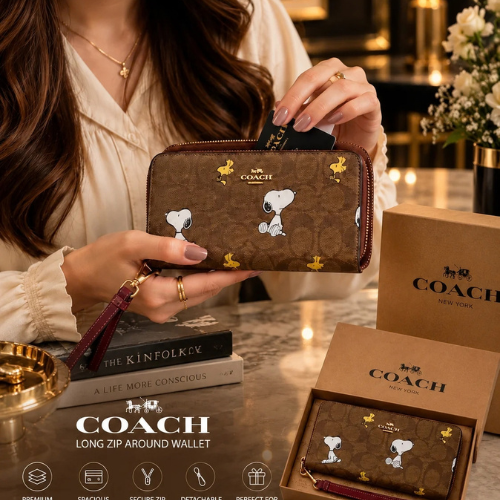Coach X Peanuts Snoopy Zip Around Wallet Signature Canvas Brown