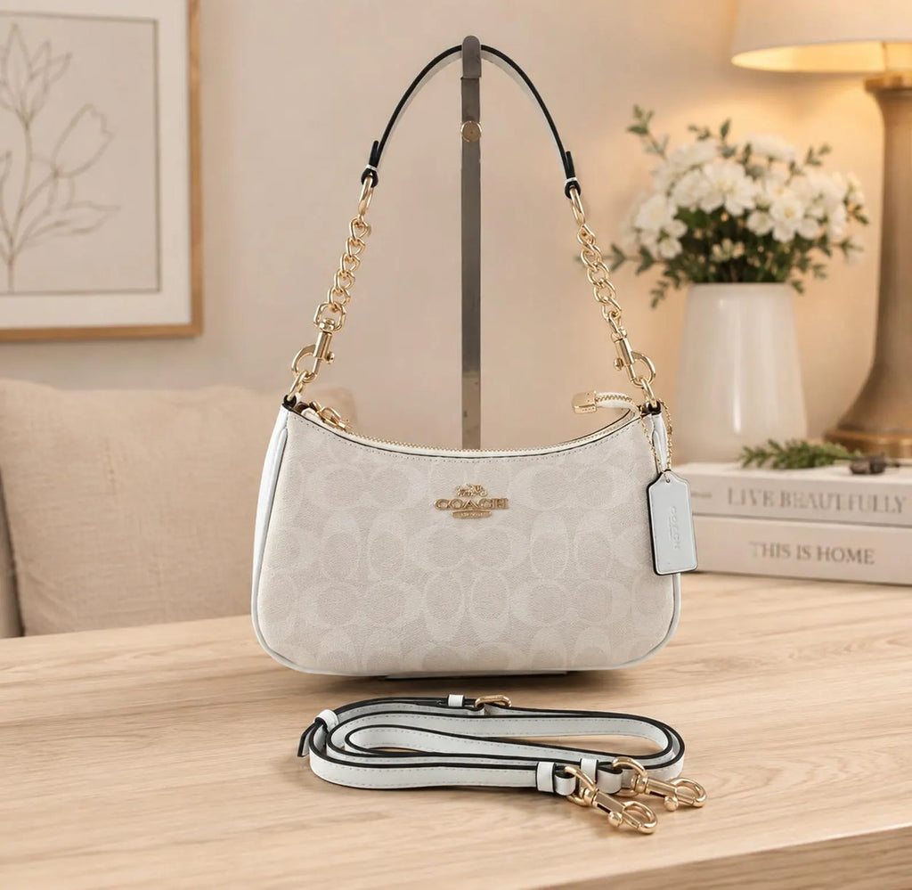 NWT 2-Way Shoulder Bag, Signature Coated Canvas, White Convertible Handbag