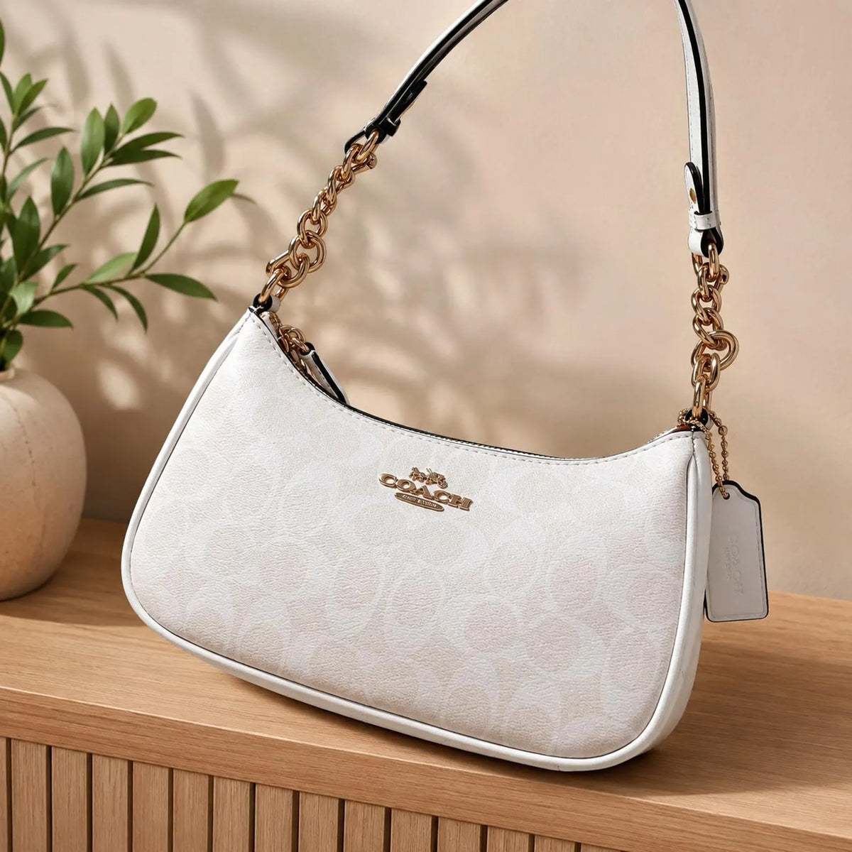 NWT 2-Way Shoulder Bag, Signature Coated Canvas, White Convertible Handbag