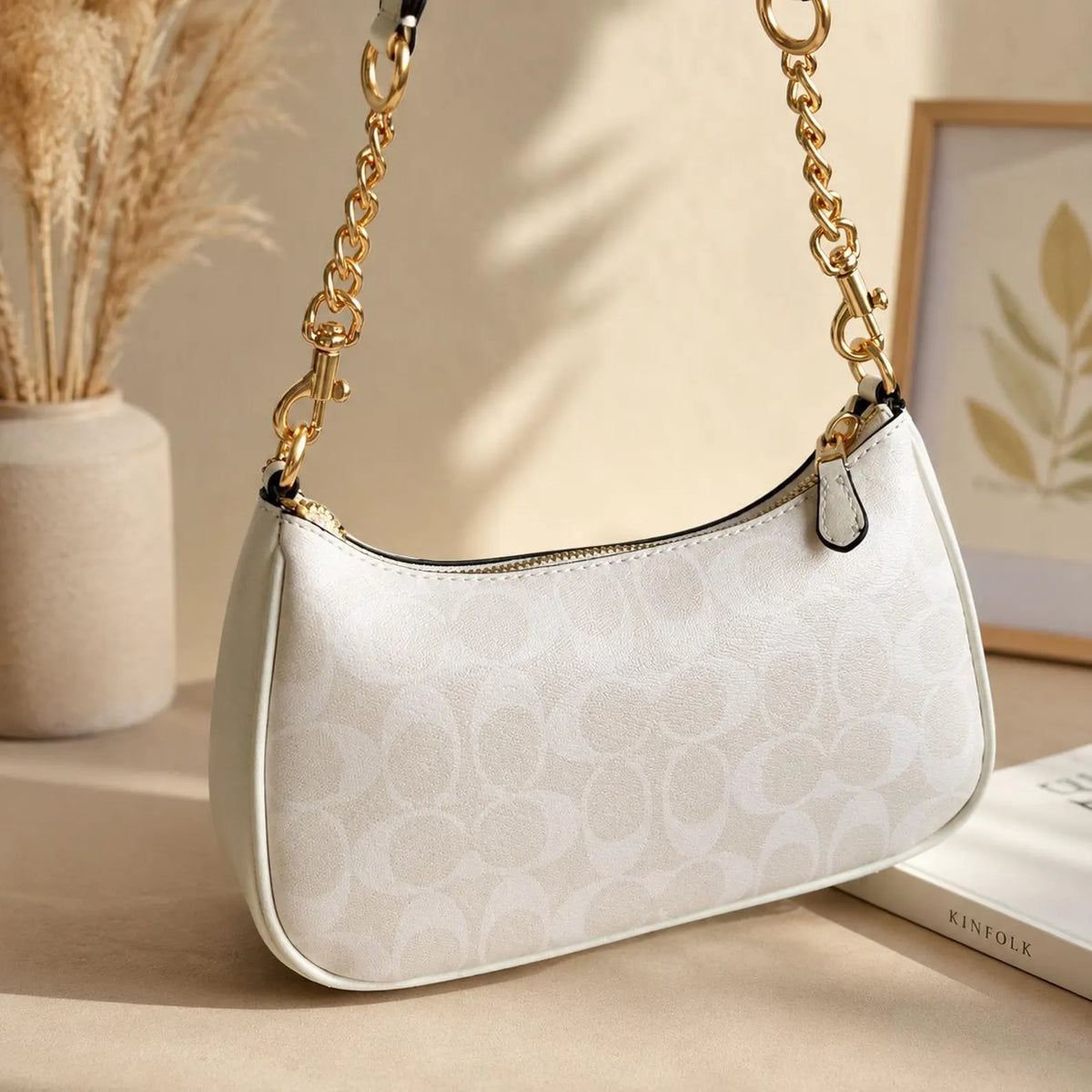 NWT 2-Way Shoulder Bag, Signature Coated Canvas, White Convertible Handbag