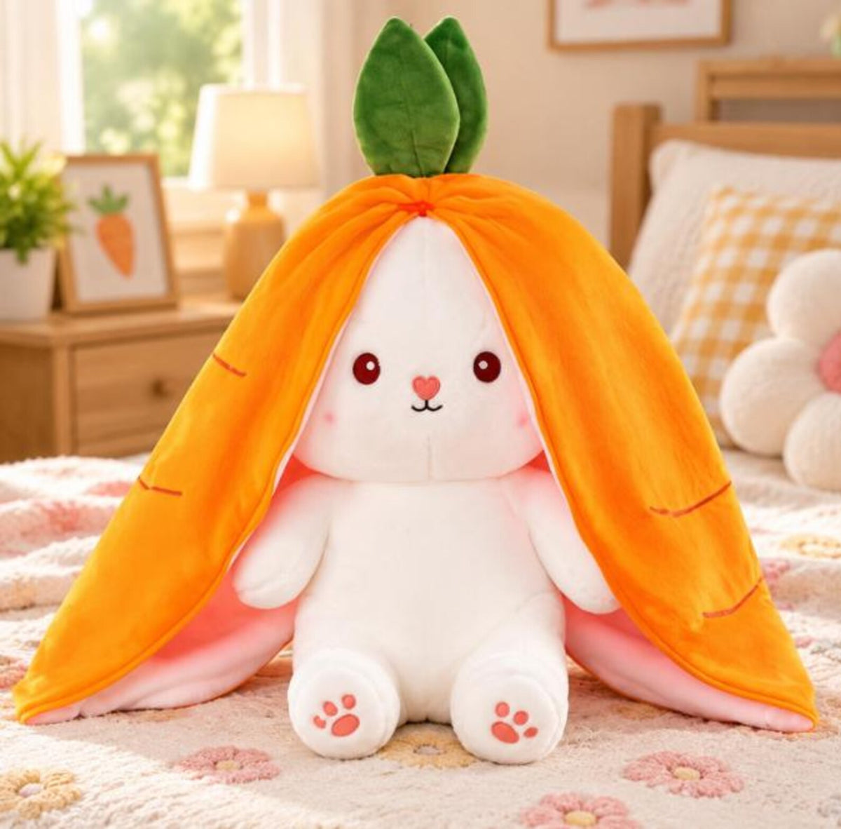 Reversible Strawberry Bunny, Double Sided Carrot Plushie, Soft Stuffed Animal