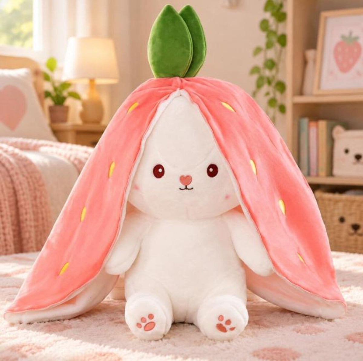 Reversible Strawberry Bunny, Double Sided Carrot Plushie, Soft Stuffed Animal