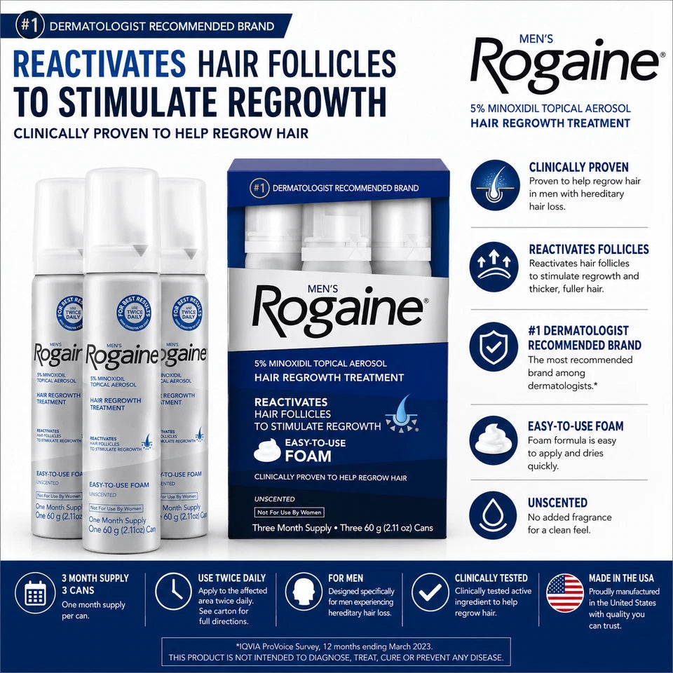 Rogaine Men's 5% Minoxidil Extra Strength Foam 3 Month Supply 3x60g
